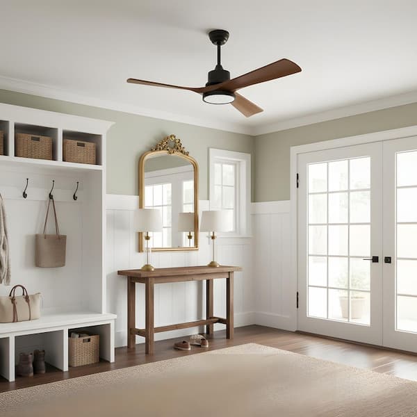 42 in. LED Indoor Modern Style Downrod Black Natural Ceiling Fan with Light Kit, Remote/APP Controls