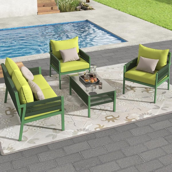 Unbranded 4-Piece PP Rope Green Patio Conversation Set with Fluorescent Yellow Cushions and Tempered Glass Table
