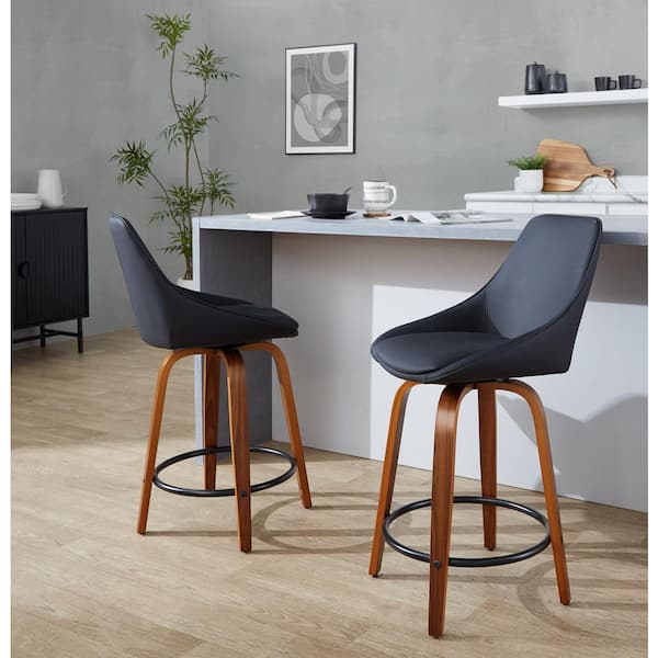 Diana 24.75 in. Black Faux Leather, Walnut Wood, and Black Metal Fixed-Height Counter Stool (Set of 2)