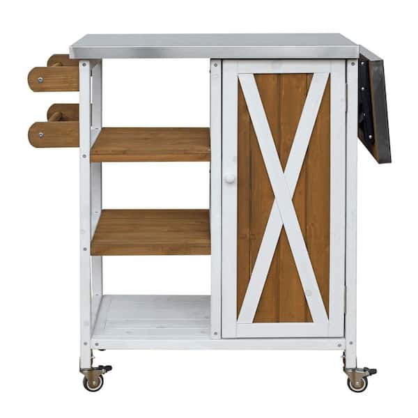 Arlington Patio Kitchen Island Solid Wood Storage Outdoor Serving Bar Cart with Wheels and Towel Racks, White + Brown