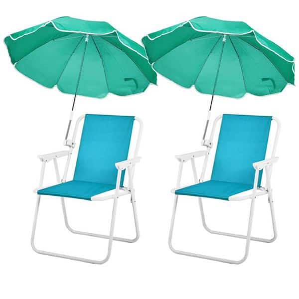 Folding Beach Chair with Umbrella Set of 2, Metal Lightweight Porable Camping Chair for Travel