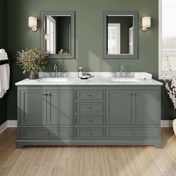 Wyndham Collection Deborah 80 in. Double Vanity in Dark Gray with Marble Vanity Top in White Carrara with White Basins and 70 in. Mirror