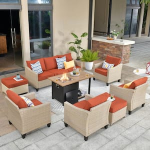 Camellia B Beige 8-Piece Wicker Patio New Style Rectangular Fire Pit Seating Set with Orange Red Cushions