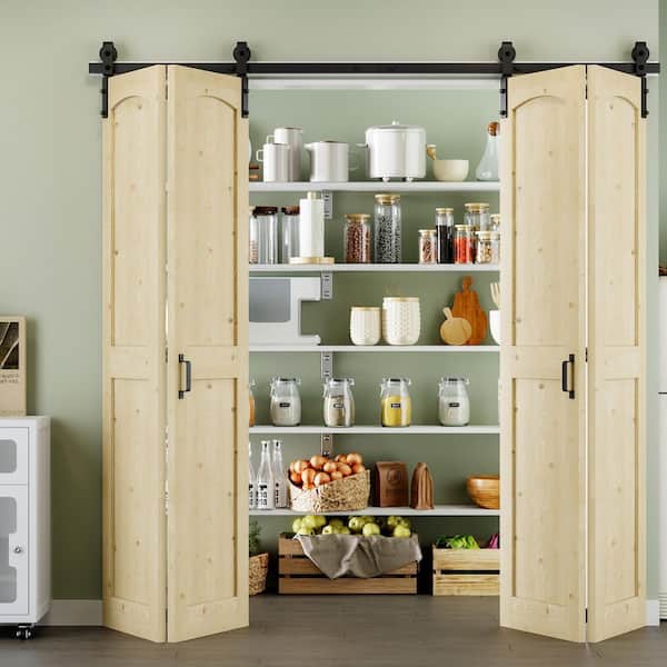 80 in. x 84 in. Arch Panel H Style Solid Core Unfinished Pine Wood Bi-fold Door with Bifold Barn Door Hardware Kit