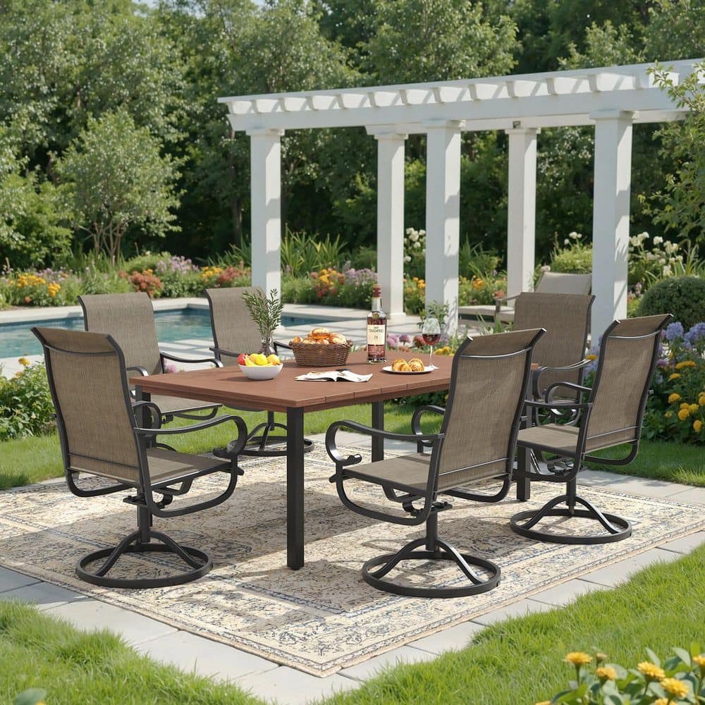 7-Piece Metal Outdoor Dining Set with 63 in. Walnut Rectangle Slat Table and 6 Textilene Swivel Rocking Chairs in Brown price history on PriceWatchPro