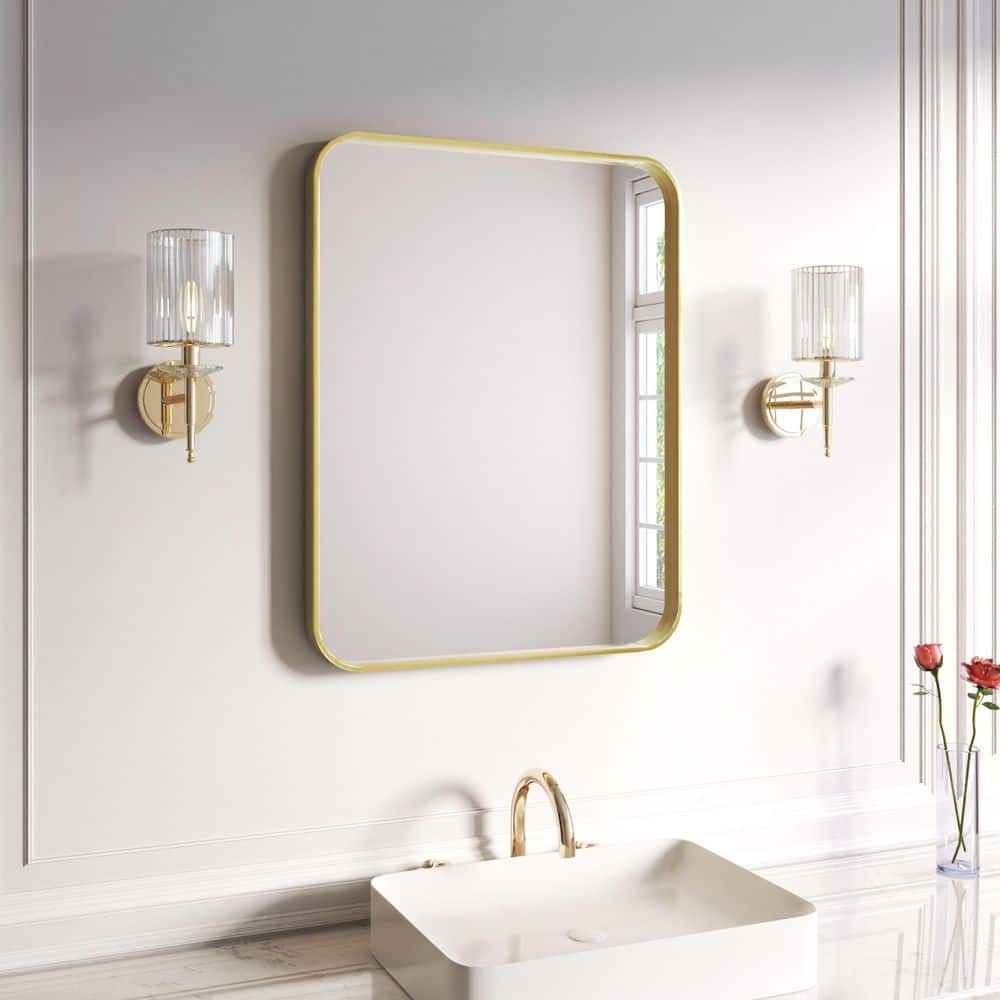 28 in. W x 36 in. H Rectangular Aluminum Framed Wall Bathroom Vanity Wall Mount Mirror in Gold price history on PriceWatchPro