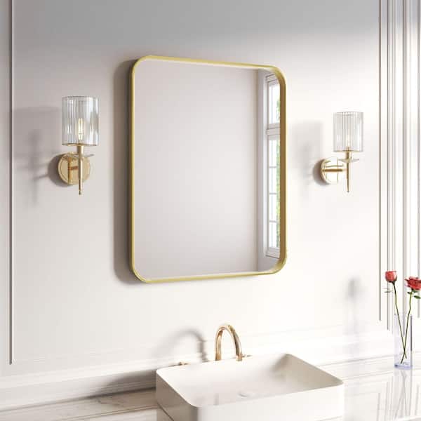 28 in. W x 36 in. H Rectangular Aluminum Framed Wall Bathroom Vanity Wall Mount Mirror in Gold