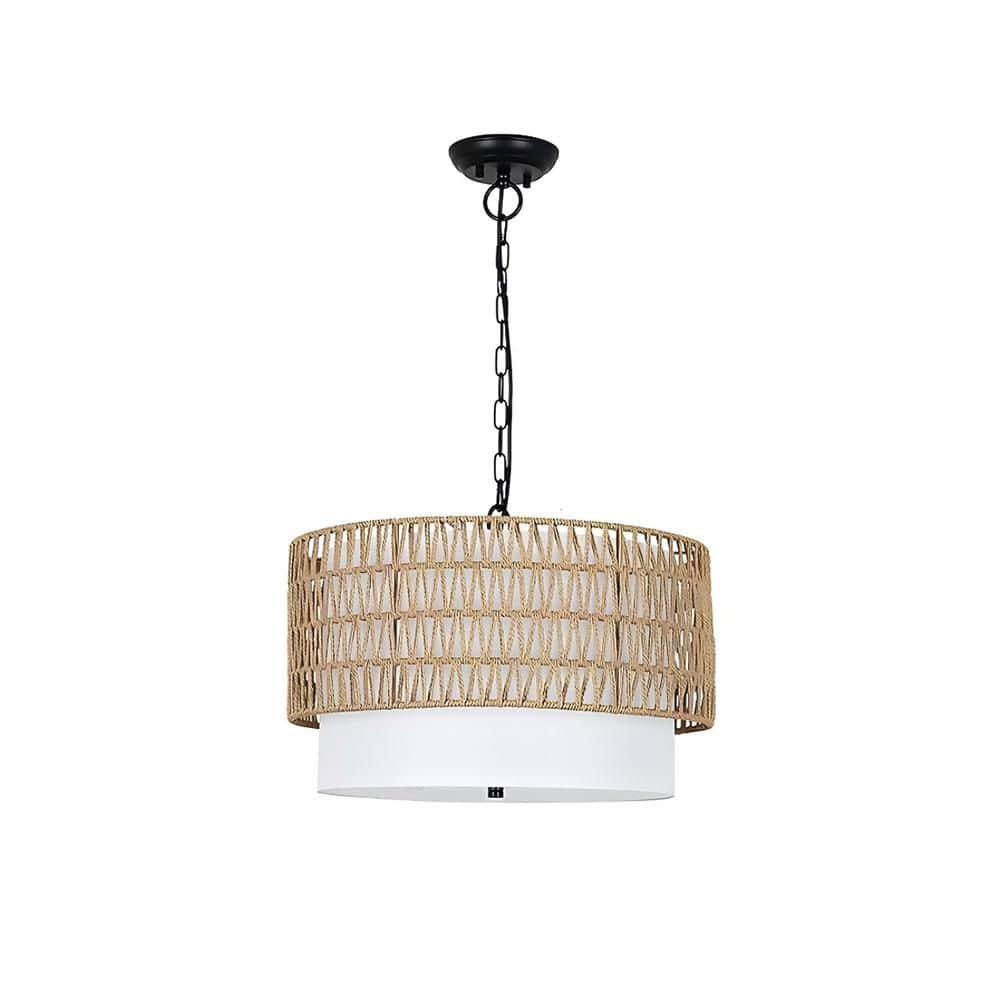 5-Light Dimmable Integrated LED Rattan Boho Chandelier with Fabric Shade, H