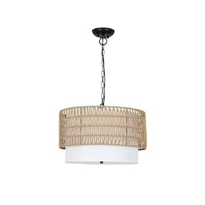 5-Light Dimmable Integrated LED Rattan Boho Chandelier with Fabric Shade, Hand Woven Large Rattan for Island Hallway