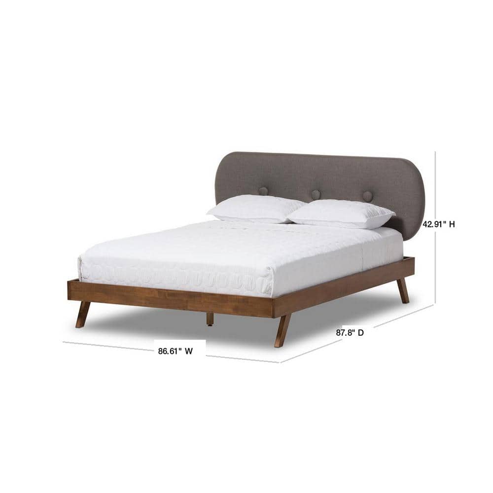 Penelope King-Size Walnut Wood Frame with Grey Tufted Upholstery Bed