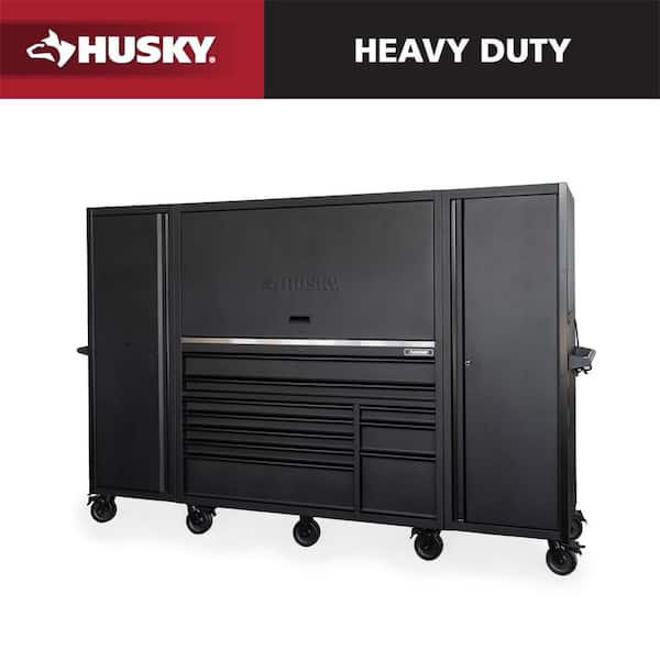 62 in. W x 24 in. D Heavy Duty 10-Drawer Mobile Workbench with Combo Hutch and 2 Tall Side Lockers in Matte Black