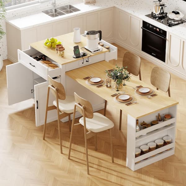 Tenleaf White Wood 82.7 in. Kitchen Island with Extendable Dining Table, Power Outlet, 2 Drawers and 2 Side Open Shelves
