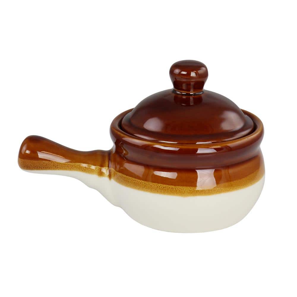 Brown and White Stoneware French Onion Soup Bowls with Lids, Set of 4