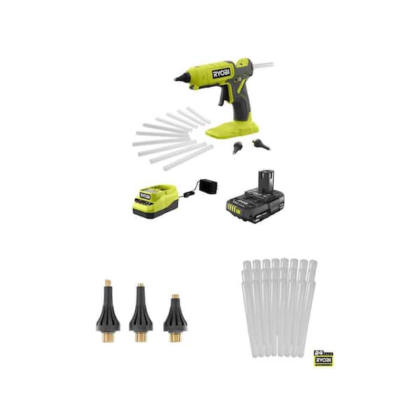 ONE+ 18V Cordless Dual Temp Glue Gun Kit with 2.0 Ah Battery, Charger, Accessory Nozzles and Glue Sticks (28 Piece)