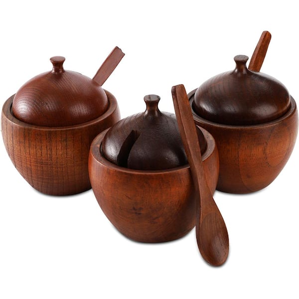 3.5 in. Natural Wood Round Salt Cellar with Lid and Spoon in Natural Brown Condiment Server Set of 3