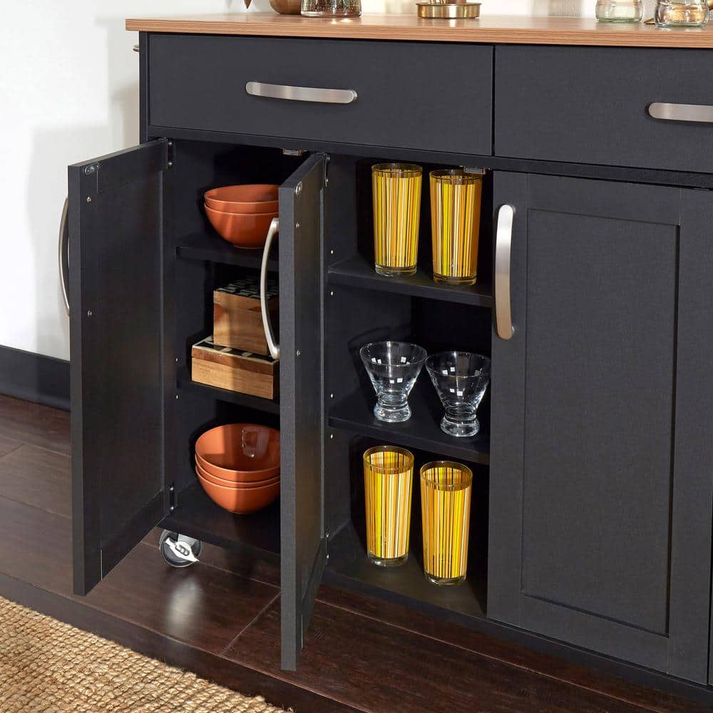 Black Wood Kitchen Cart with Natural Laminate Top and Storage