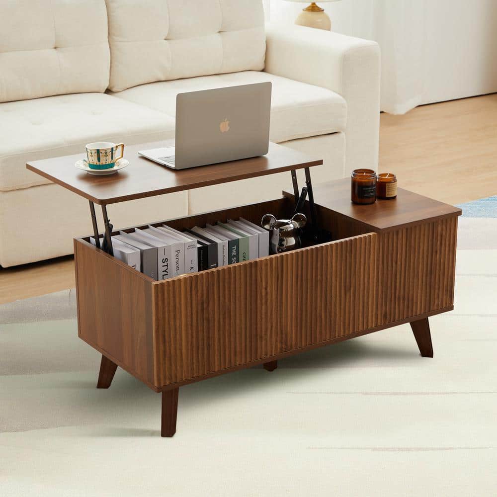 ATHMILE 39 in. Walnut Rectangle Wood Lift-top Coffee Table With Storage ...
