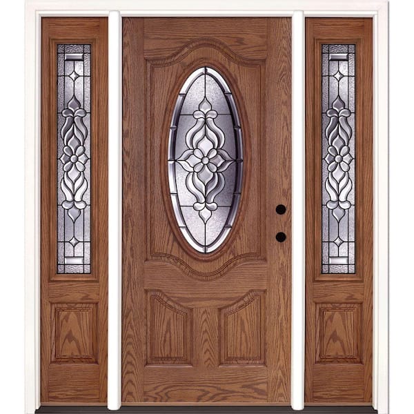 Feather River Doors 63.5 in.x81.625 in. Lakewood Patina 3/4 Oval Lt Stained Medium Oak Left-Hand Fiberglass Prehung Front Door w/Sidelites