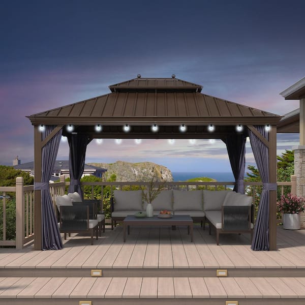 PURPLE LEAF 11 ft. x 13 ft. Bronze Patio Outdoor Gazebo Backyard Hardtop Aluminum Frame with Hooks, Netting Blue Curtain 24-Lights