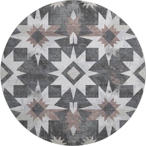 Mayfield Premium Machine Washable Abstract AMF1893 Graphite 8 ft. x 8 ft. Round Rug