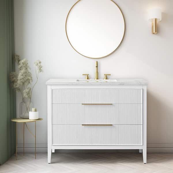 SUDIO Emma 42 in. W Bath Vanity in White with Engineered Stone Top in Arabescato with White Sink