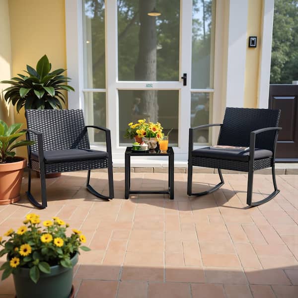 3-Pieces Outdoor Patio Rattan-Like Resin Rocking Chair Set With Table and Black Cushions