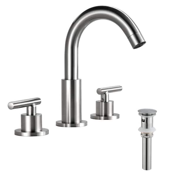 8 in. Widespread Double Handle Bathroom Sink Faucet with Pop-Up Drain Assembly Brass Basin Vanity Taps in Brushed Nickel