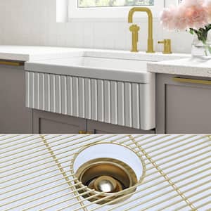 Luxury White Solid Fireclay 33 in. Single Bowl Farmhouse Apron Kitchen Sink with Matte Gold Accs and Fluted Front