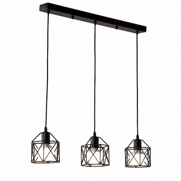 YANSUN 20.08 in. 3-Light Matte Black Industrial Cluster Island Iron Chandelier with Caged Shaded for Kitchen Island