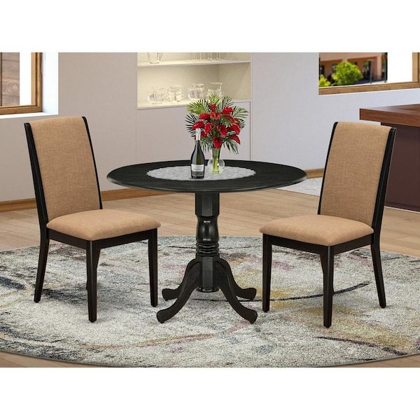 East West Furniture 3-Piece Wirebrushed Black Solid Wood Top - Round Dining Room Set - Seats 4