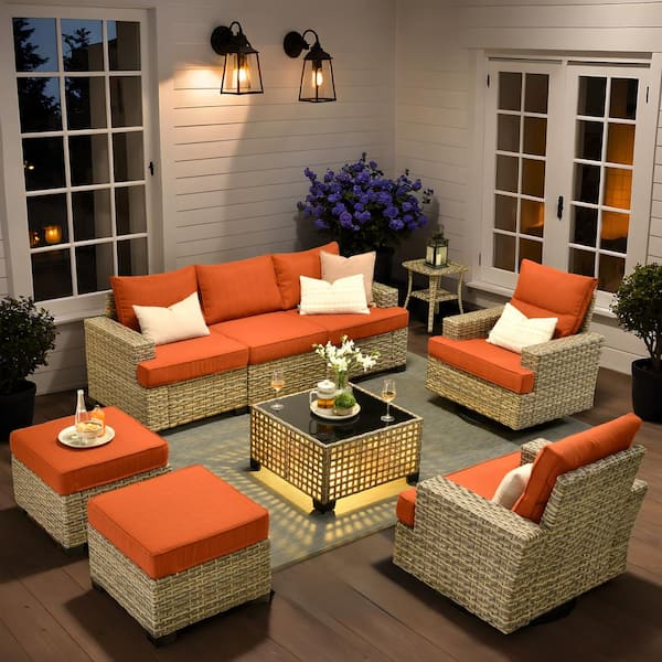 OVIOS Tiberny Gray 9-Piece Wicker Patio Conversation Seating Set with Orange Red Cushions and Swivel Chairs