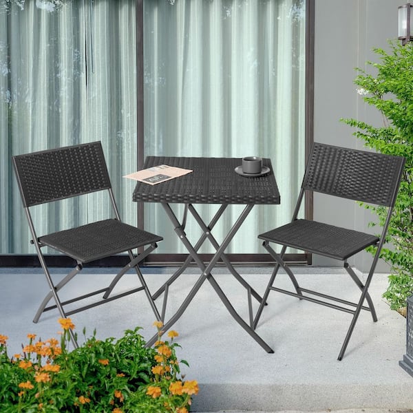 Black 3-Piece Metal and PP Rattan Square Outdoor Bistro Set with Folding Design