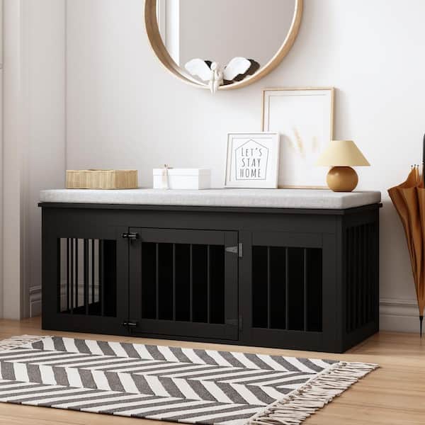 FUFU&GAGA Large Furniture Style Bed End Bench Dog Crate, Wooden Dog Pens Entryway Bench for Living Room Bedroom Entryway, Black