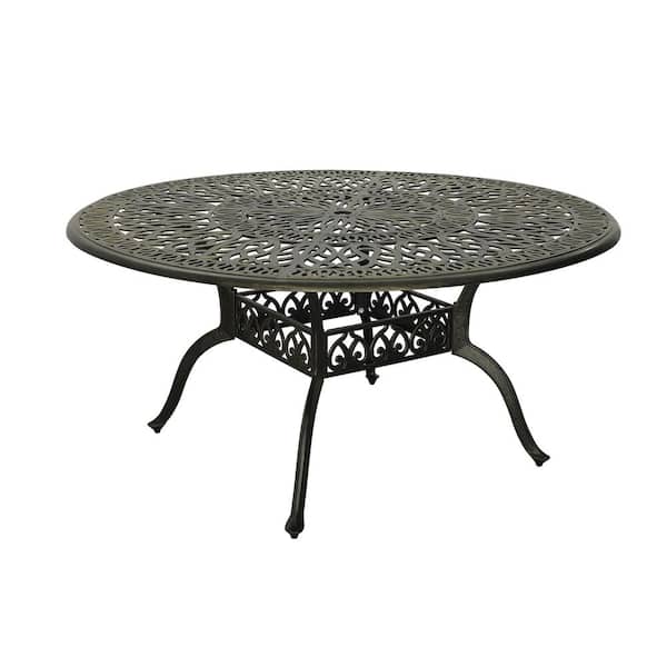 Mondawe Antique Bronze 59 in. Round Cast Aluminum Patio Dining Table with 2 in. Umbrella Hole