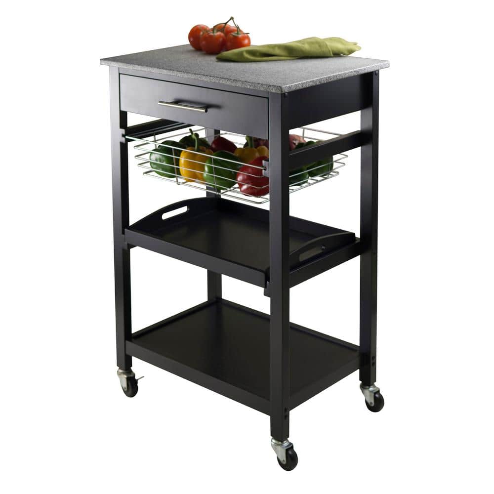 Transitional Julia Granite Top Black Kitchen Cart with Storage