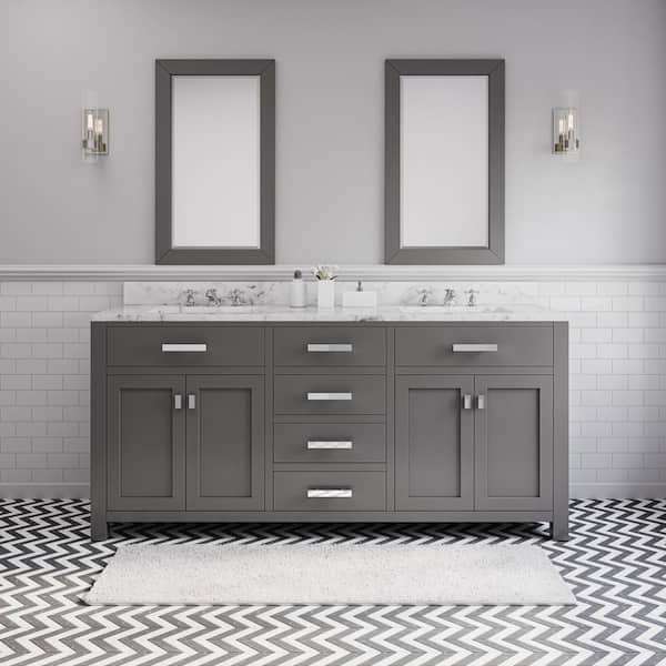 Water Creation 72 in. W x 21 in. D Vanity in Cashmere Grey with Marble Vanity Top in Carrara White and 2 Mirrors