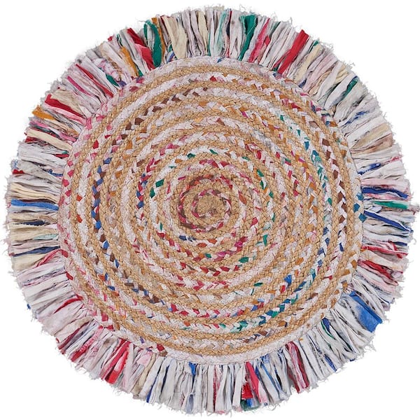 LR Home Allen Bleach White/Multi-Color 5 ft. 6 in. Round Chindi Fringed Braided Organic Jute Area Rug