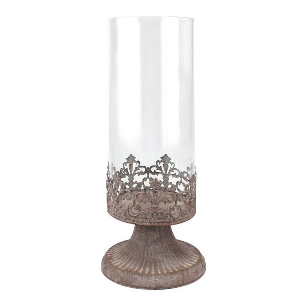 Stonebriar Collection 5 in. x 13 in. Rust Brown Vintage Zinc Filigree Hurricane