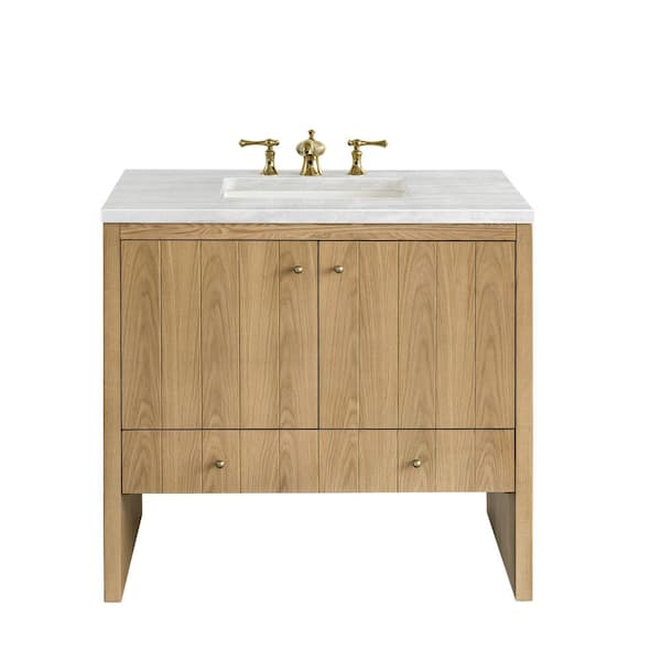 James Martin Vanities Hudson 36.0 in. W x 23.5 in. D x 34.2 in. H Bathroom Vanity in Light Oak with Arctic Fall Solid Surface Top