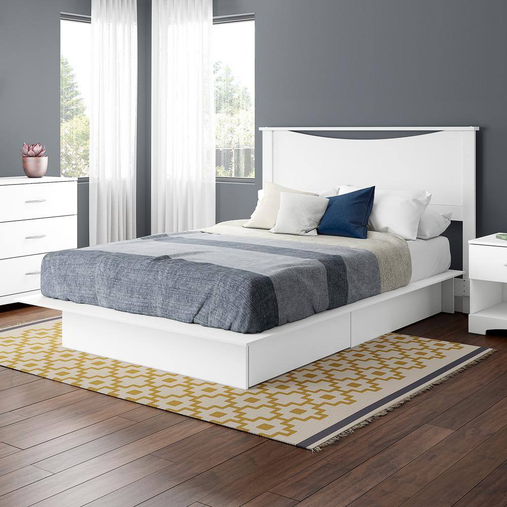 Pure White Queen Platform Bed with Upholstered Headboard and Storage Drawers