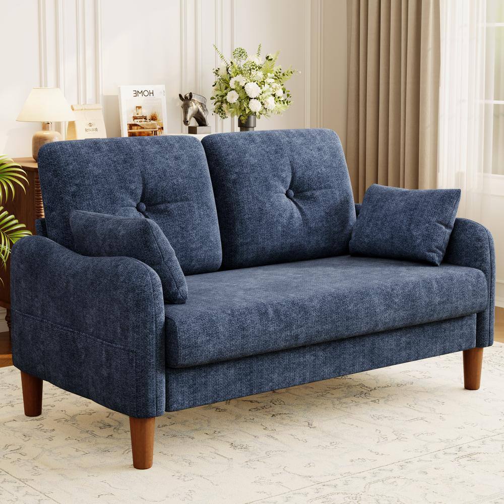 48" Loveseat Sofa,Blue Chenille Modern Couches for Small Spaces,Deep Seat,Throw Pillow,Side Pockets,Curved Armrest