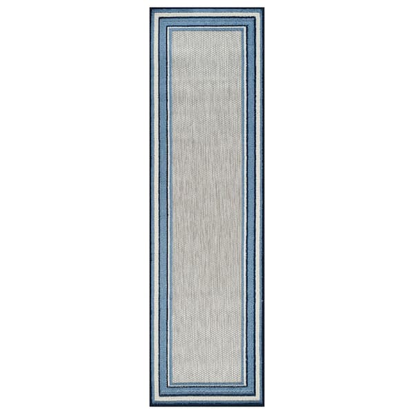 Coastal Border Design Indoor/Outdoor High-Low Textured , Coastal Border, Easy-Clean Patio 2 ft. x 7 ft. Navy Area Rug