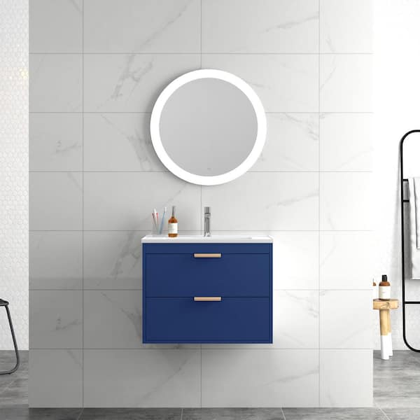 FORCLOVER 24 in. W Floating Wall Mounted Bath Vanity in Blue with White Ceramic Top and Drawer Storage