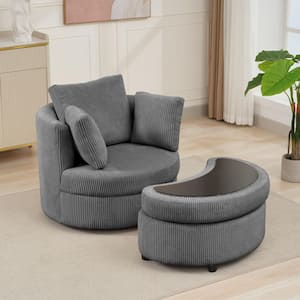 Modern Grey Corduroy Accent Armchair with Pillows and Storage Ottoman