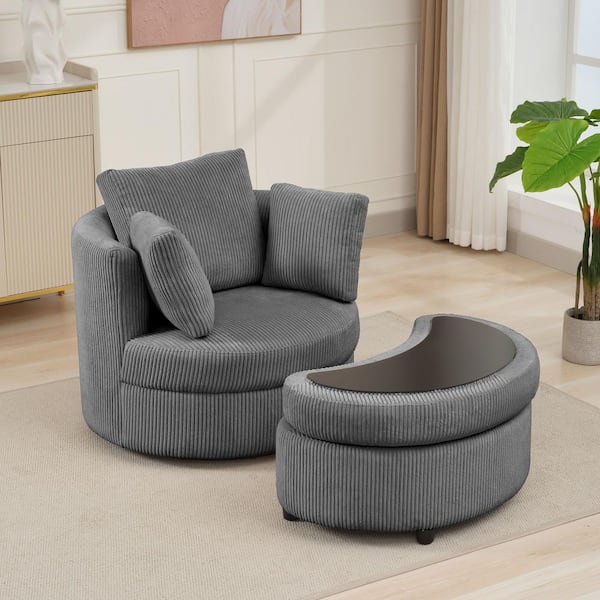 JEAREY Modern Grey Corduroy Accent Armchair with Pillows and Storage Ottoman