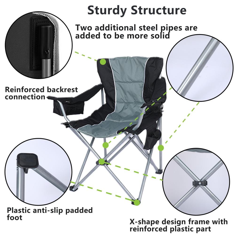 Oversized Gray Steel Frame Camping Chair with Cooler Bag