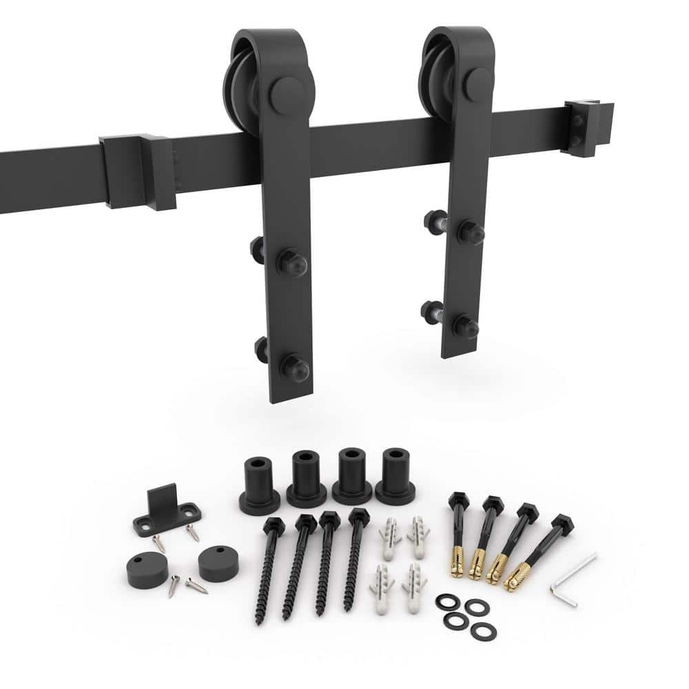 Movisa 6 ft./72 in. J-Shaped Sliding Single Barn Door Hardware Kit with Large Wheel Rollers, Matte Black