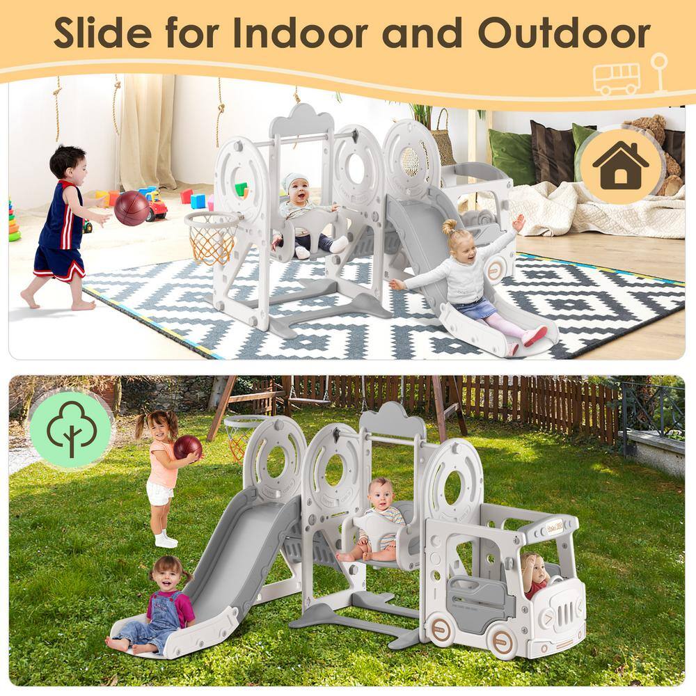 Beige and Gray 5-in-1 Toddler Slide and Swing Set
