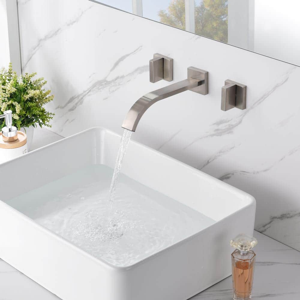 Brushed Nickel Wall Mount Double Handle Bathroom Faucet