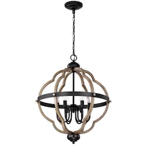 Indoor 6-light Wood Texture and Matte Black Globe Candlestick Pendant Light Adjustable Height 27.75-96 in.